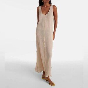 NEW Toteme Plisse Crinkled Scoop-Neck Maxi Dress in Cream Beige | size 32 / US 0